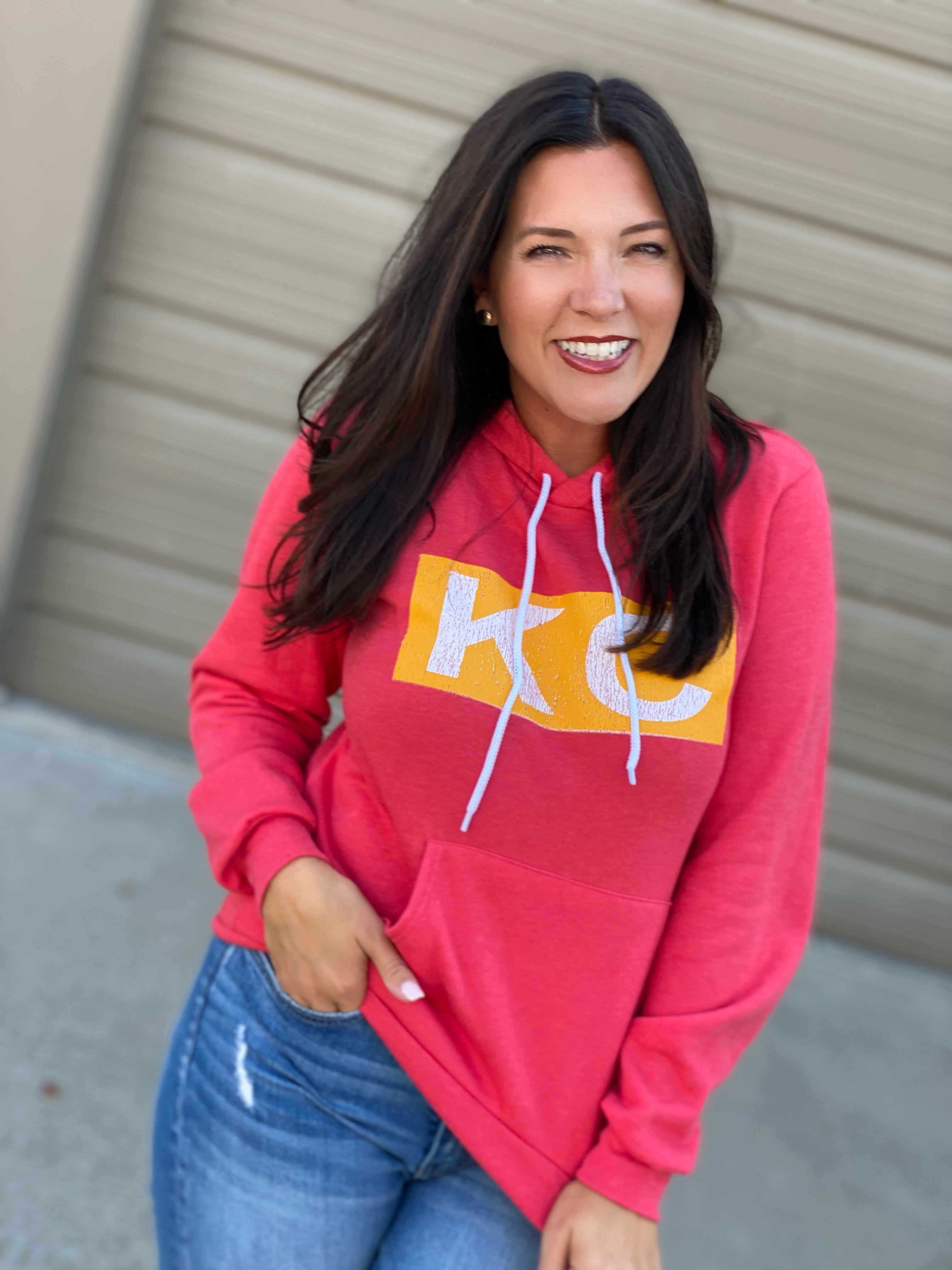 Yellow Kansas City Script with Heart on Red Tee or Sweatshirt