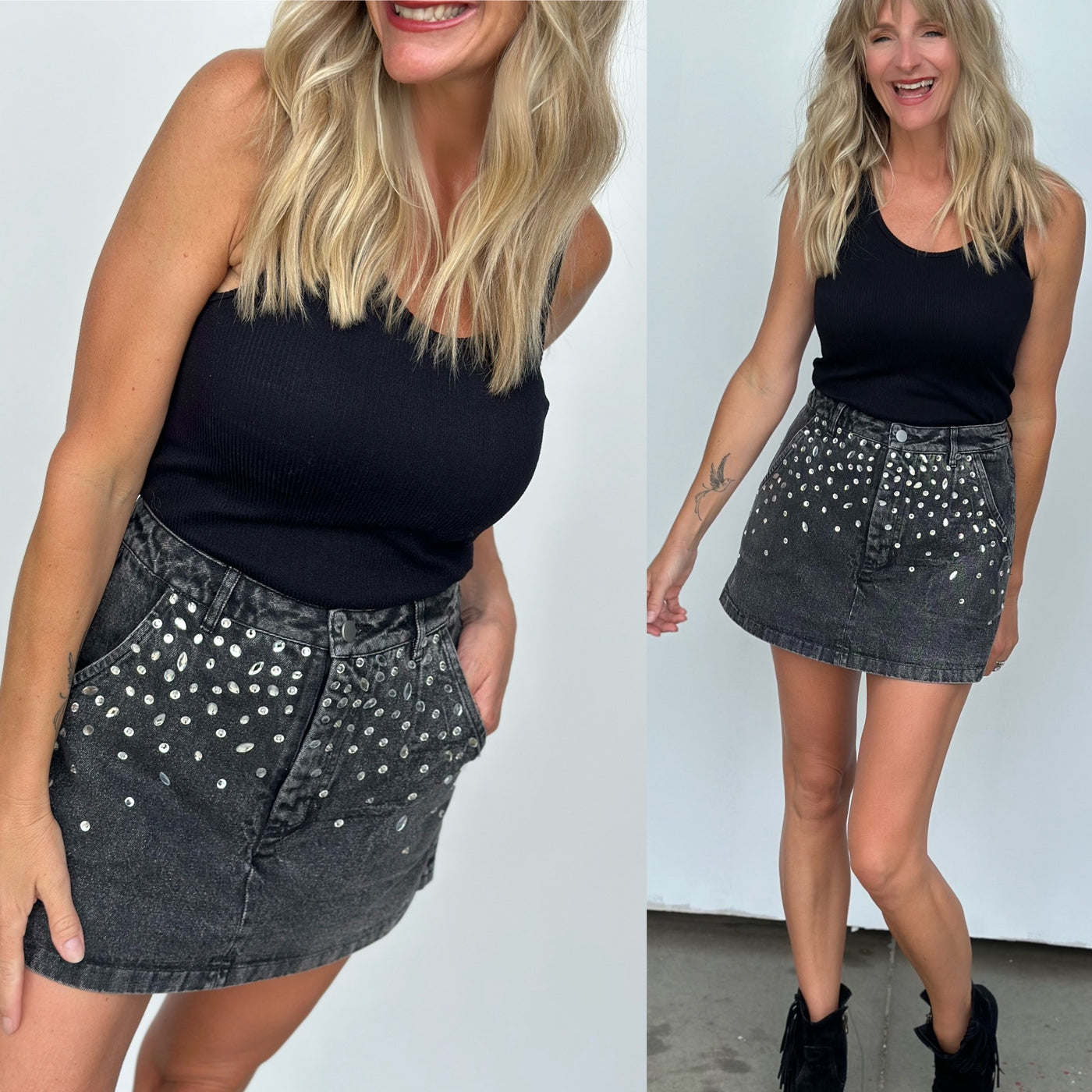 Rhinestone Black Demin Skort