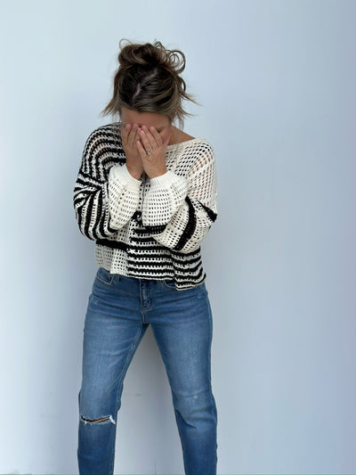 Stripe Crochet Sheer Knit Sweater