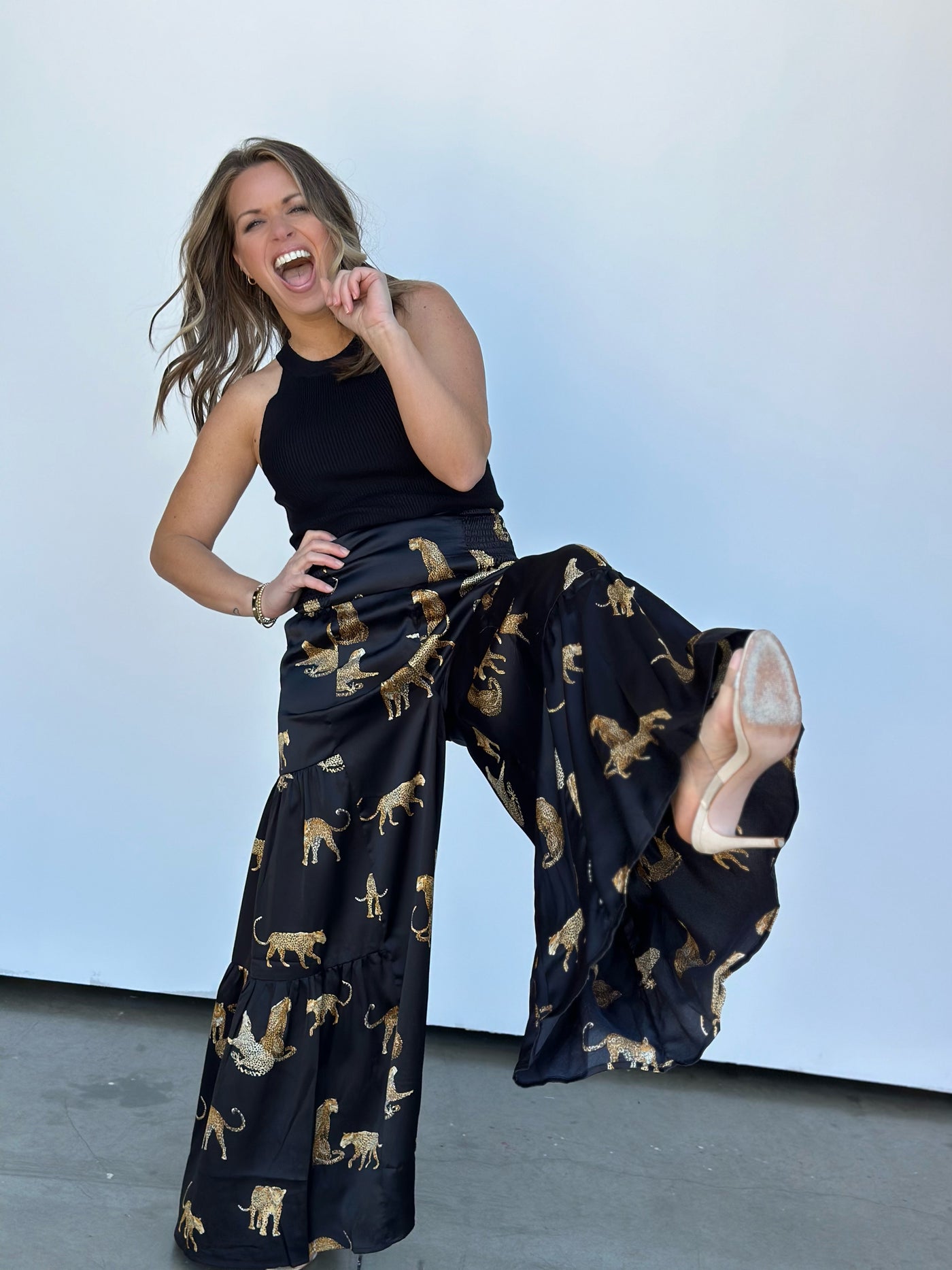 Leopard Waist Tie Palazzo Pants-FINAL SALE