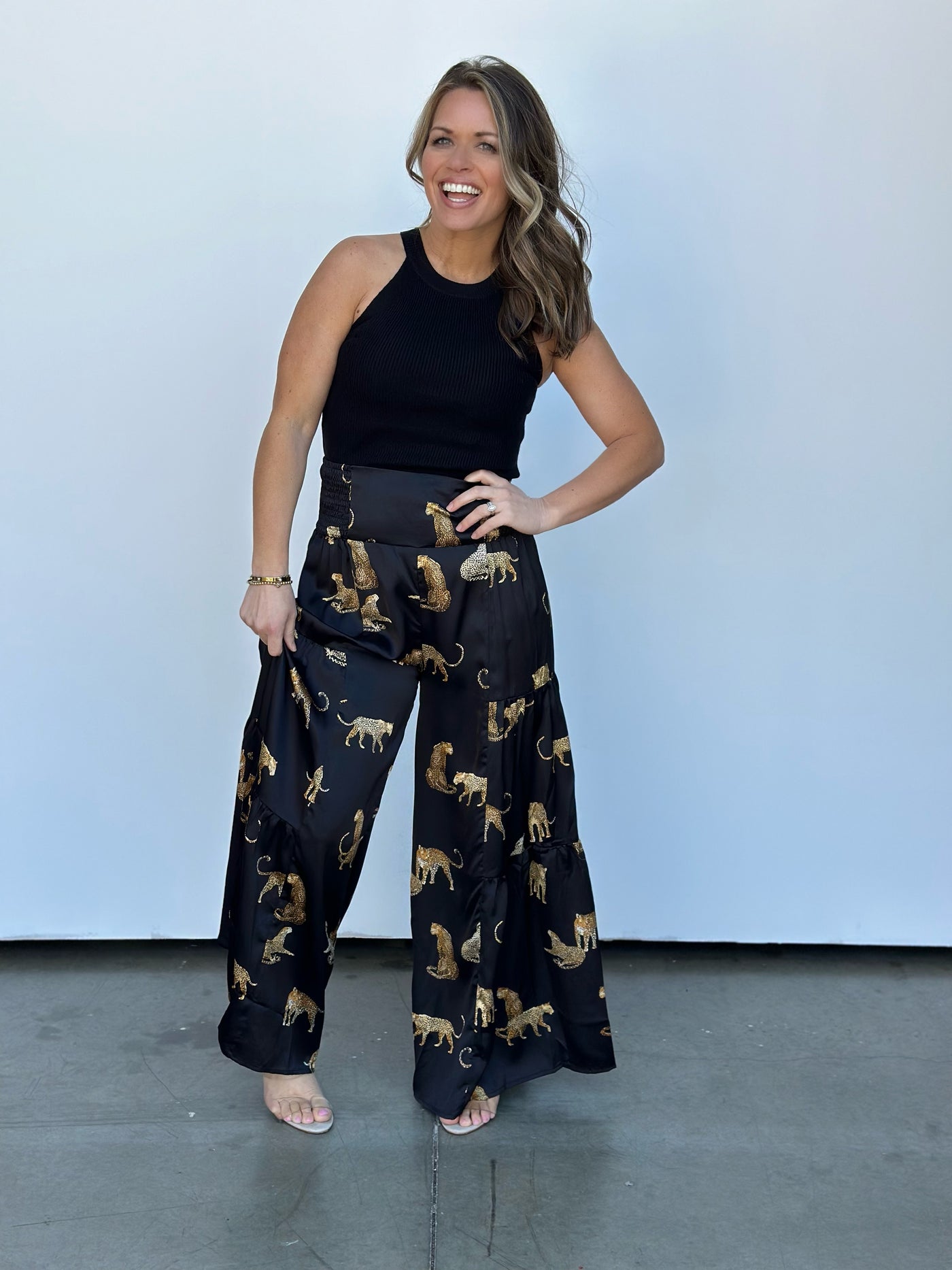 Leopard Waist Tie Palazzo Pants-FINAL SALE