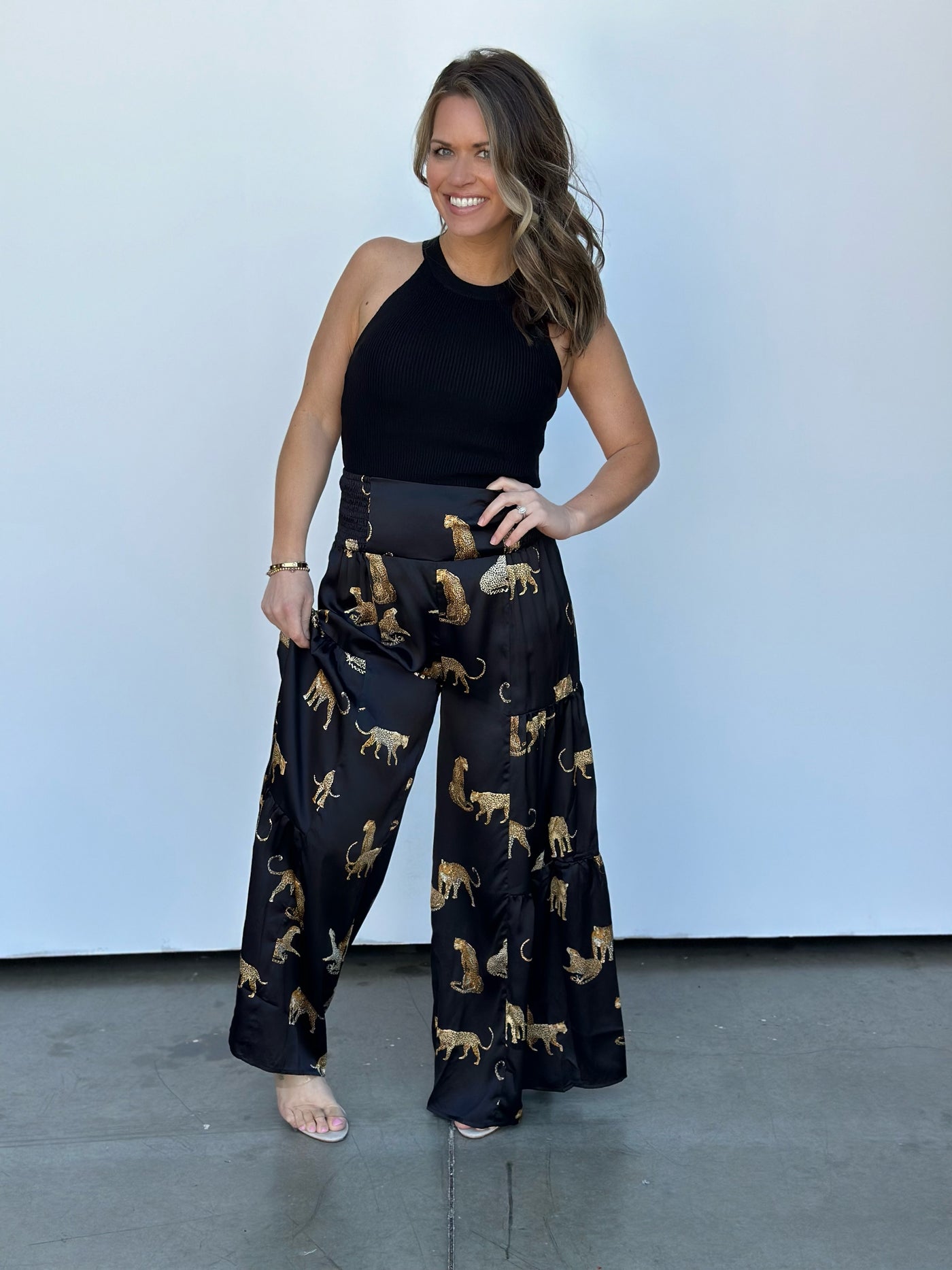 Leopard Waist Tie Palazzo Pants-FINAL SALE